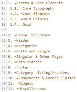 WordPress style.css Basic Sections
