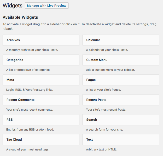 List of available WordPress widgets