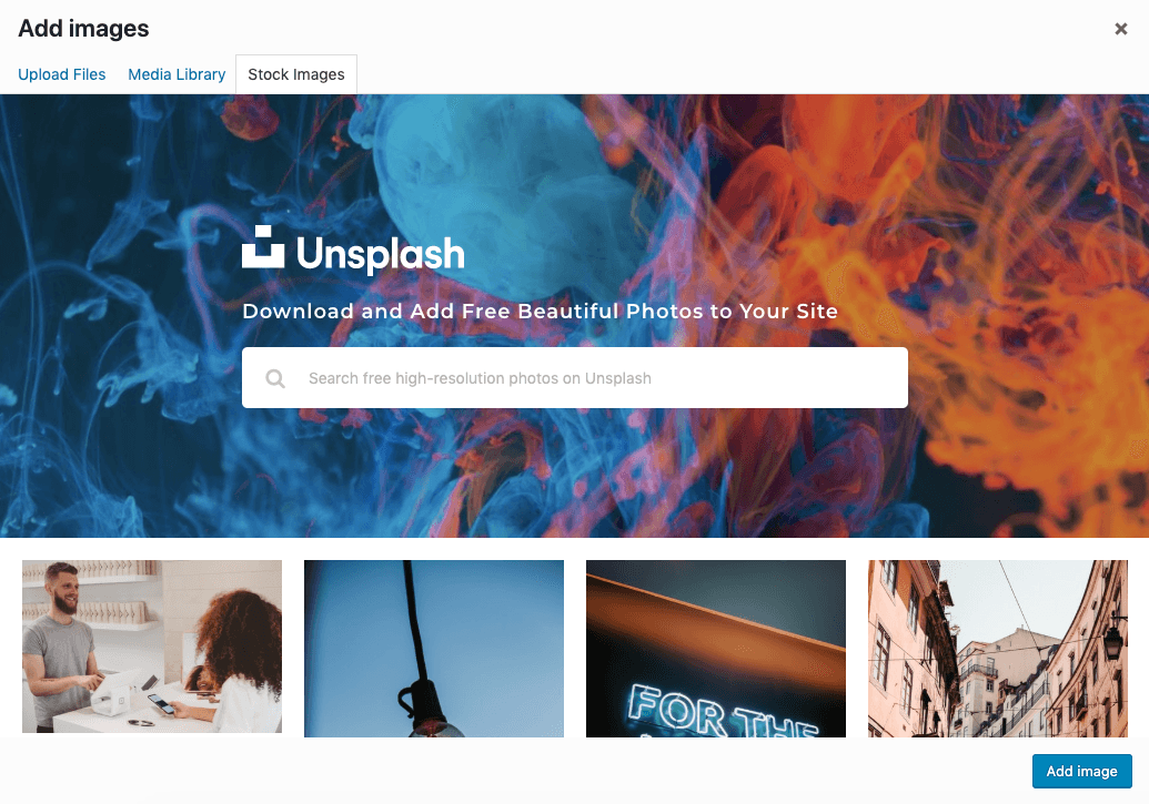 Unsplash stock images in Media Library