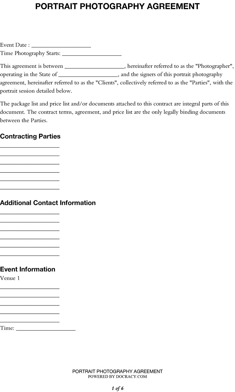 portrait photography photography contract template