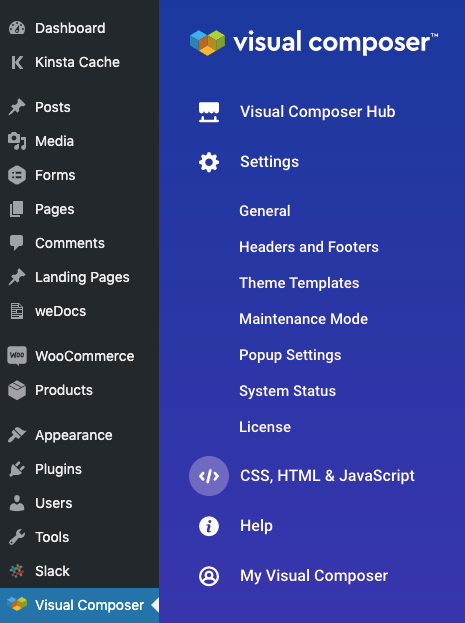 WordPress Admin panel and Visual Composer Dashboard