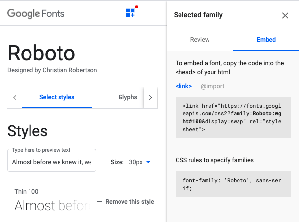 Google Fonts library font code