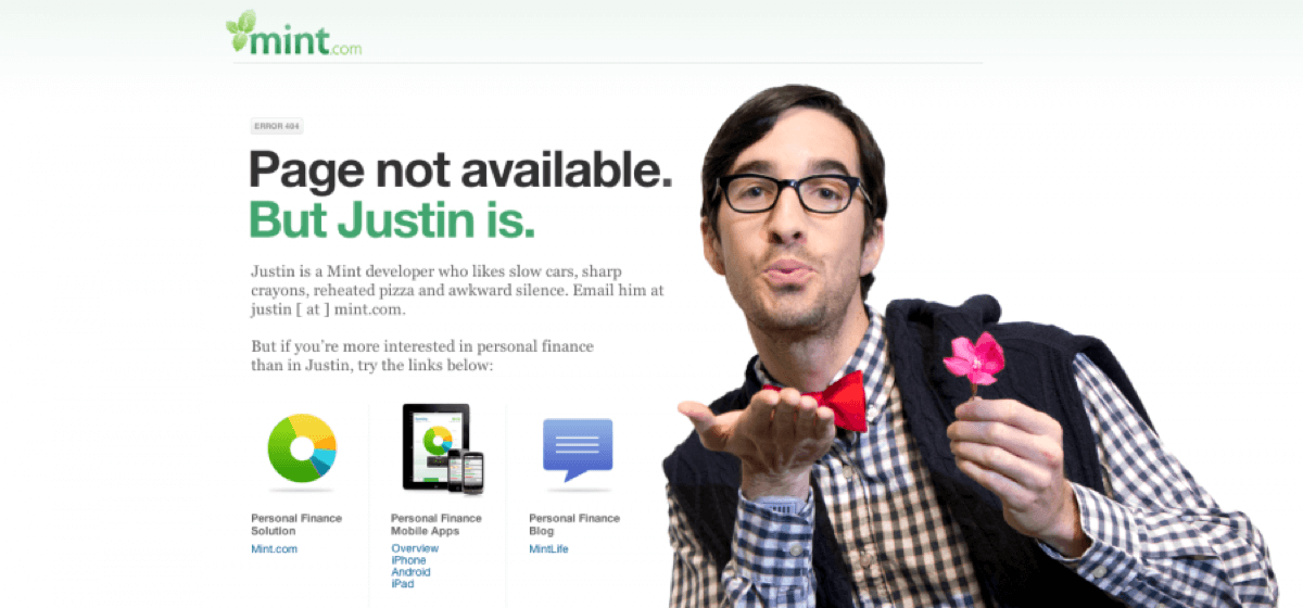 Funny 404 page example by Mint