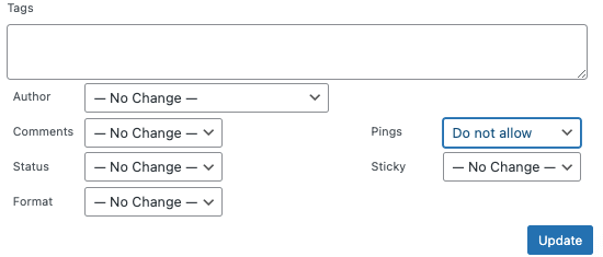 WordPress page settings to disable pings on existing posts