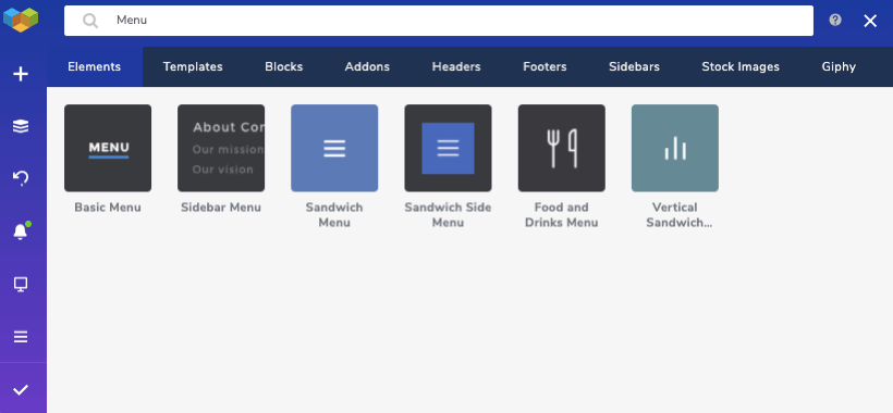 Menu elements in the Visual Composer Hub