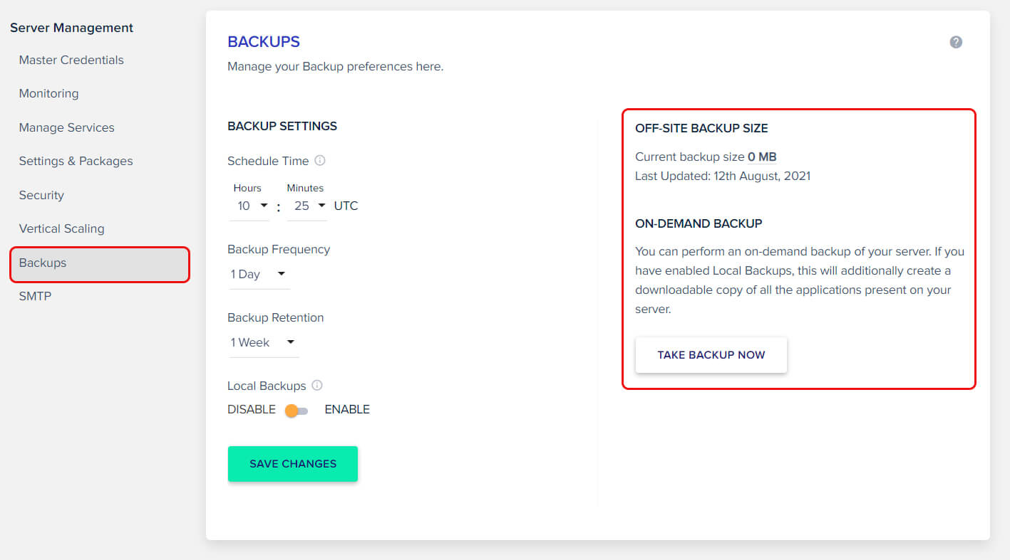 Website backup in Cloudways settings