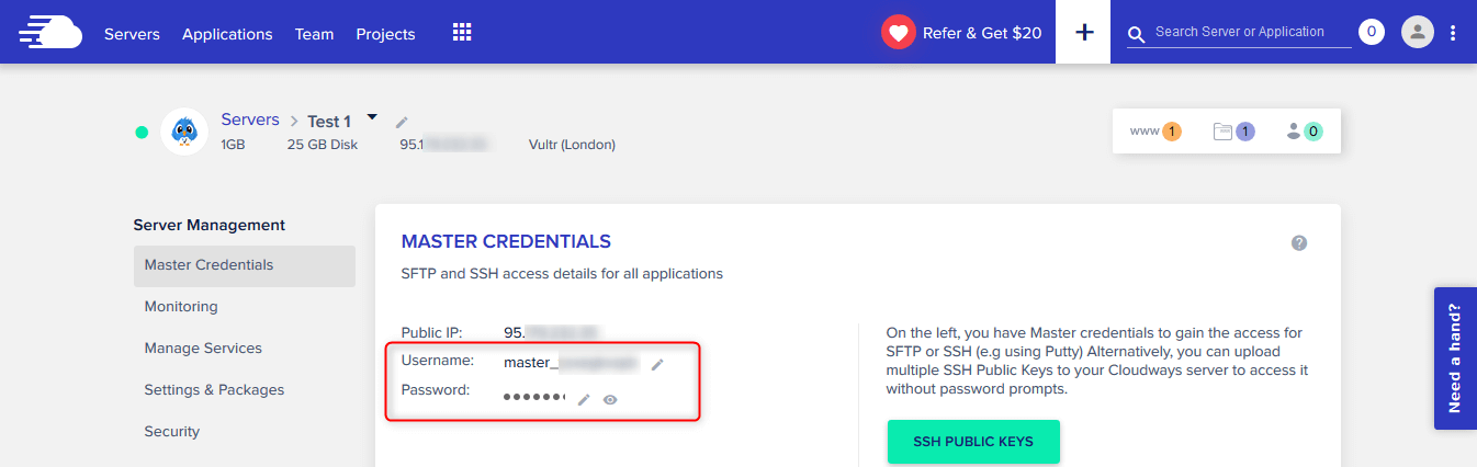 Master credentials in Cloudways settings