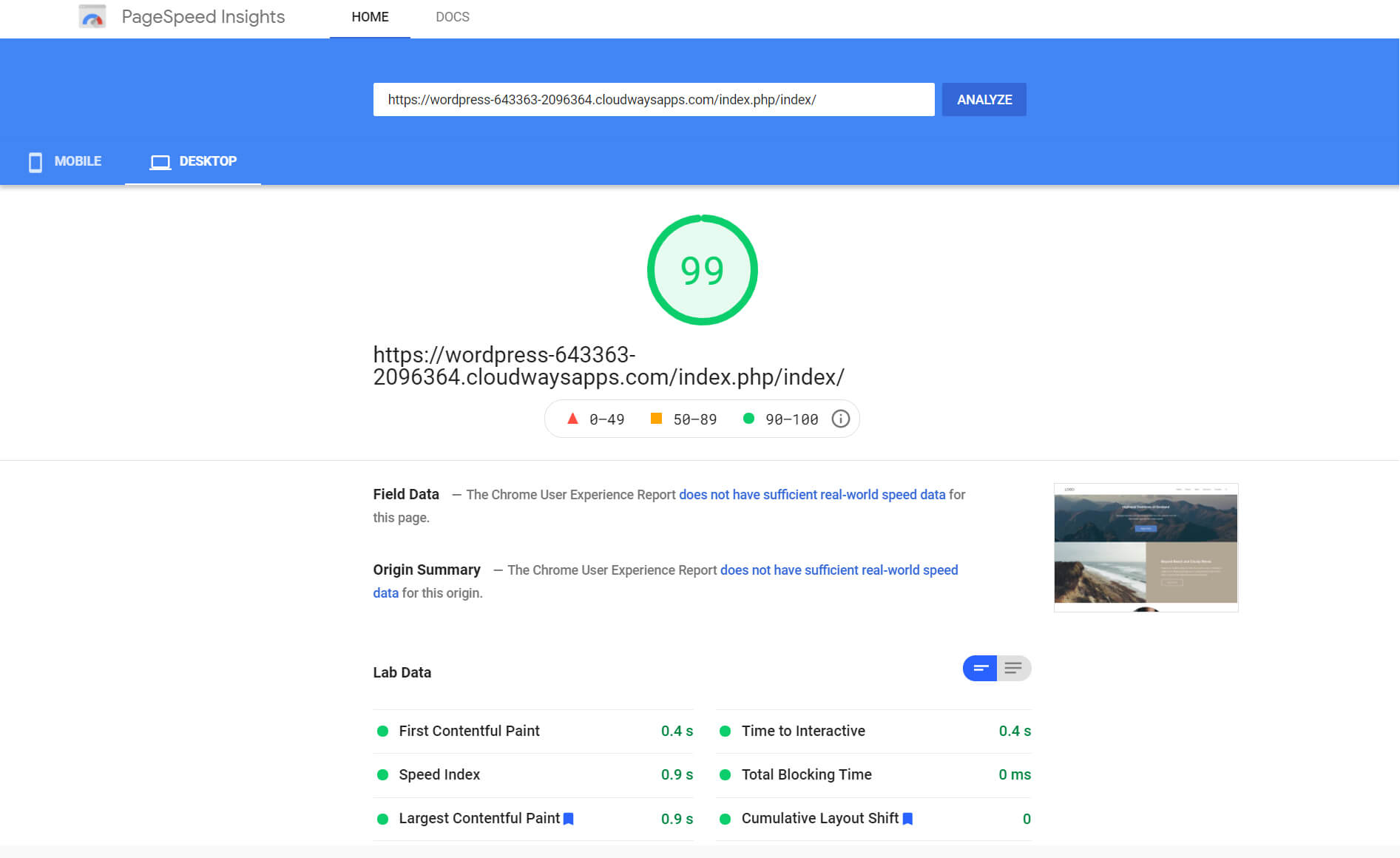 Cloudways performance on PageSpeed