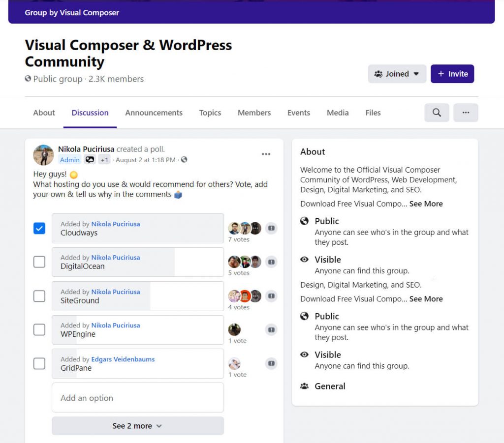 Hosting poll on Visual Composer Facebook Community
