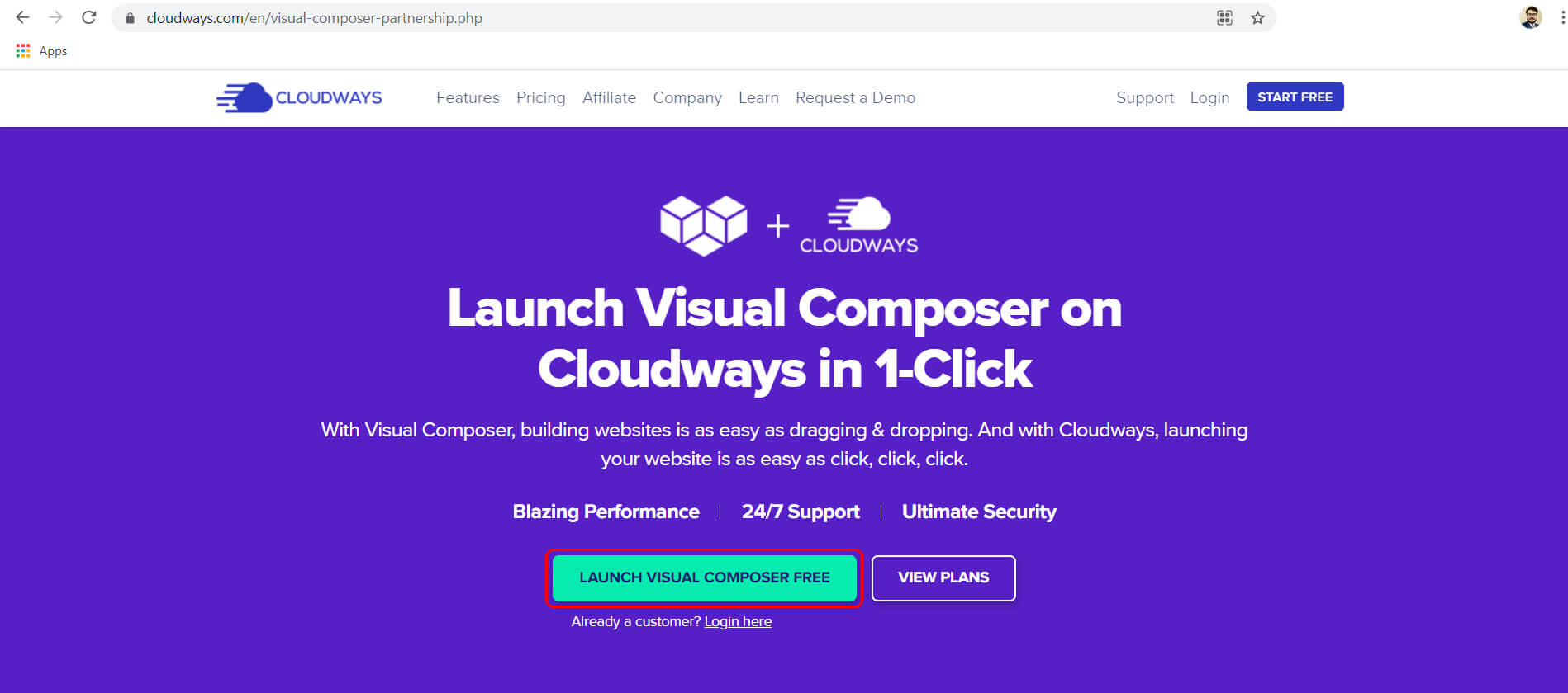 Launch Visual Composer on Cloudways landing page