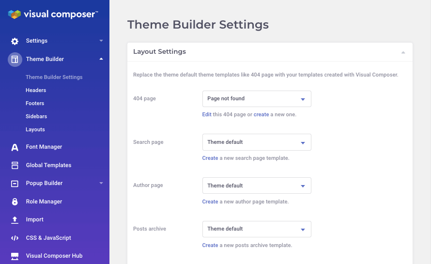 Visual Composer Theme Builder Settings to replace theme-default templates