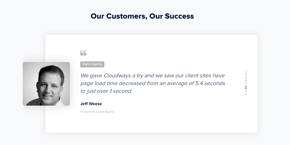 Cloudways landing page example with testimonial