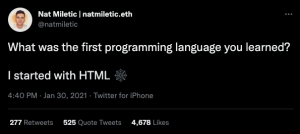 Nat Miletic Tweet Example: First programming language