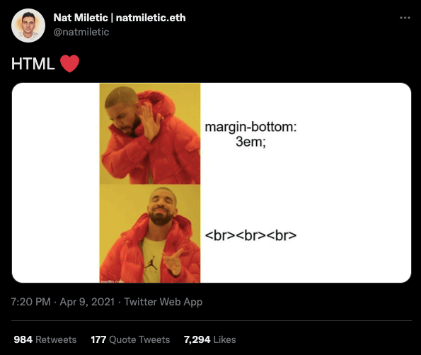 Nat Miletic Tweet: HTML