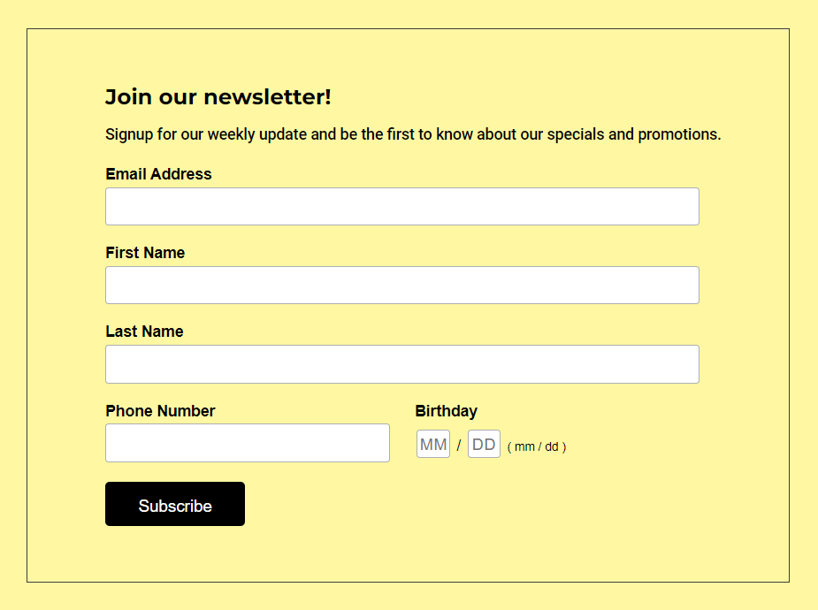 Example of signup form with multiple fields