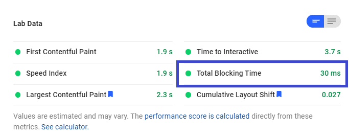 Total Blocking Time replaces First Input Delay in the Lab Data.