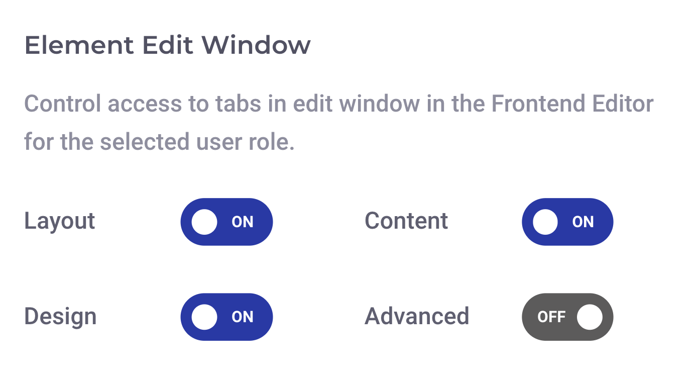Visual Composer's Role Manager for managing user role access to specific editor tabs