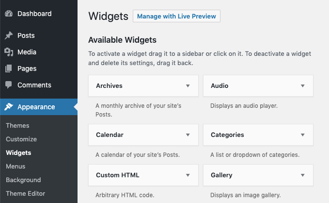 WordPress Dashboard: Appearance - Widgets